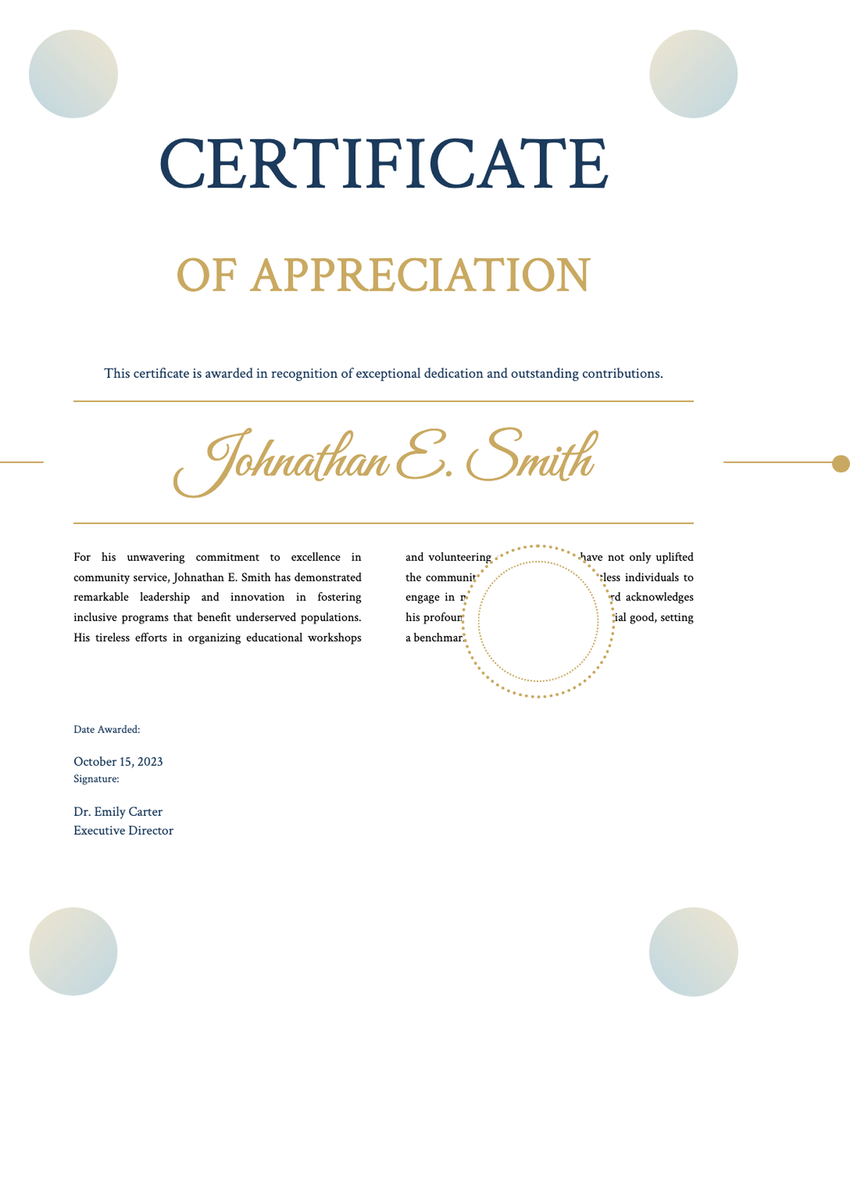 Elegant certificate of appreciation with gold teal accents and seal_variant_1